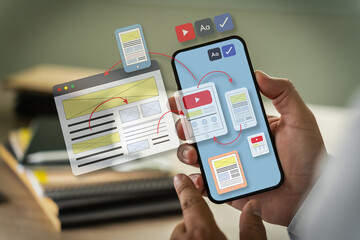 digital marketing businessman hand working with computer UI designer brainstorming social network, SEO application technology, and digital marketing