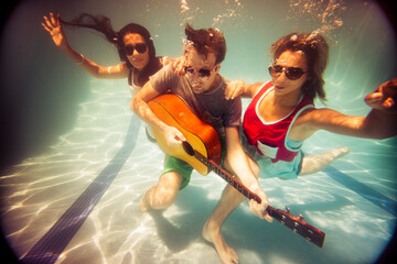 Crazy friends having fun inside swimming pool