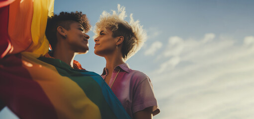LGBT couple in love moments with rainbow flag, Transgender people, Pride day campaign, Homosexual community Banner