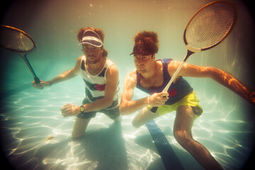 Funny summer portrait of friends playing badminton underwater