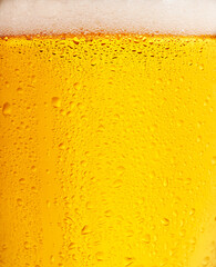 Closeup of a beer in a glass with bubbles.