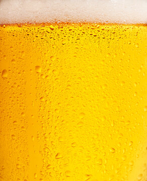 Closeup of a beer in a glass with bubbles.