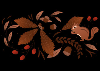 Vector illustration of autumn leaves and a squirrel.
