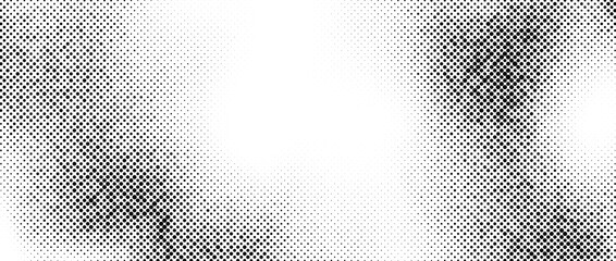 Fototapeta premium Aged halftone noise gradient. Grunge dirty speckles and spots background. White and black faded sand grain wallpaper. Retro pixelated comic horizontal backdrop. Vector pop art texture
