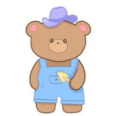 A cute farmer teddy bear is going to plant vegetables.
