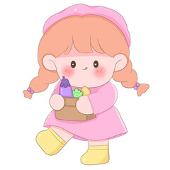 A little holding vegetable paper bag.