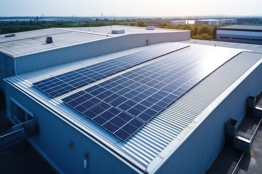 Warehouse roof with solar panels. Electricity saving and green energy concept.