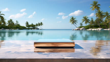 Empty podium on tropical beach background. Generative ai.