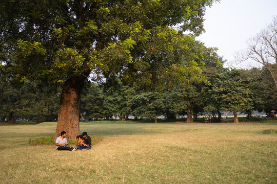 Two friends enjoy music sitting at the greenfield 