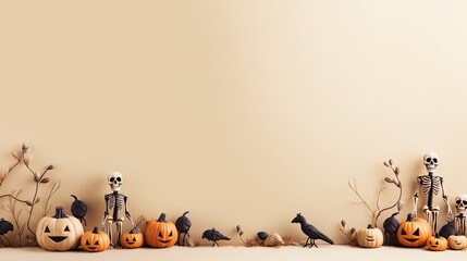 Happy halloween decoration  with pumpkins, leaves and spider web on cream background. Autumn holiday concept composition and mock up . Top view with copy space