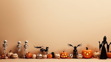 Fototapeta premium Happy halloween decoration with pumpkins, leaves and spider web on cream background. Autumn holiday concept composition and mock up . Top view with copy space