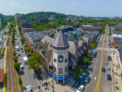Historic commercial building aerial view including SS Pierce Building at Coolidge Corner 1366 Beacon Street at Harvard Street in city of Brookline, Massachusetts MA, USA. 