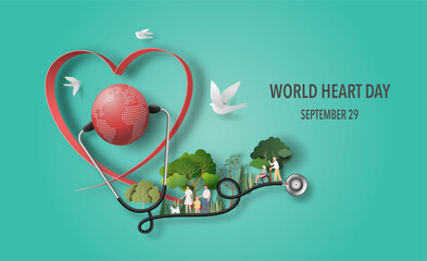 World Heart Day concept, a lot of people at the background involved in activity, paper art and craft style, flat-style vector illustration.
