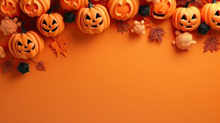 Happy halloween flat lay mockup with pumpkins, leaves and spider web on orange, background. Autumn holiday concept composition. Top view with copy space