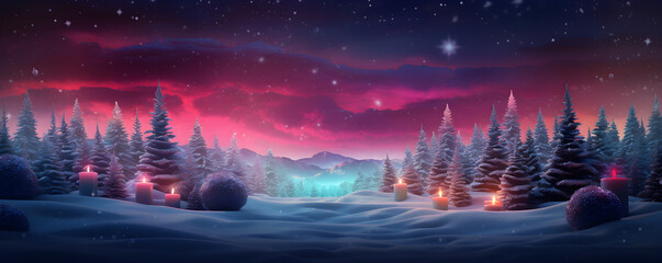 Christmas trees in the snow with light candle decoration in winter forest landscape at night background, AI generate