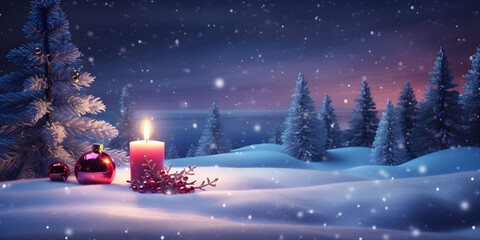 Fototapeta premium Christmas trees in the snow with light candle decoration in winter forest landscape at night background, AI generate
