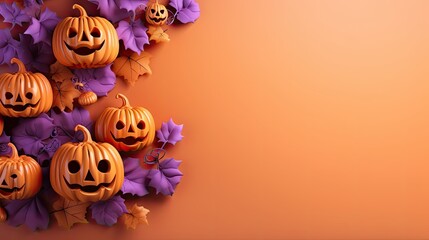 Happy halloween flat lay mock up with pumpkins, leaves and spider web on orange, background. Autumn holiday concept composition. Top view with copy space