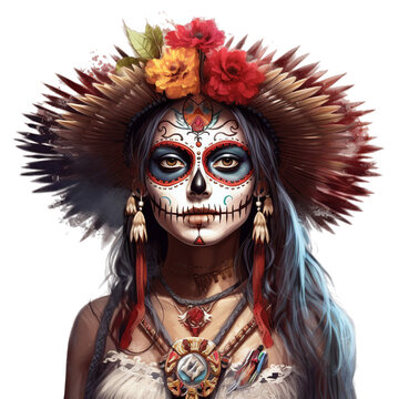 Isolated PNG cutout of a dia de los muertos, Maxican girl portrait wearing carnival mask of the day of the dead, Generative ai