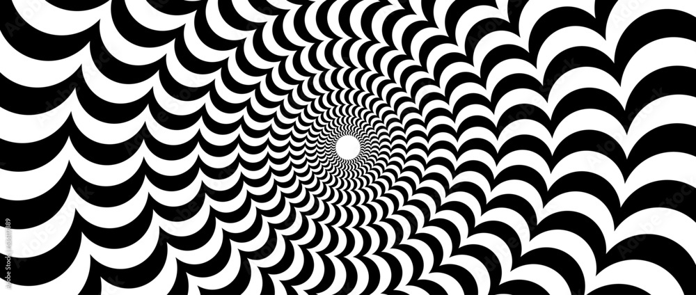 Poster radial optical illusion background. black and white abstract semi circles surface. poster, banner, t