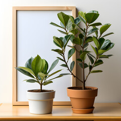 Ficus in a pot on a wooden shelf and a white frame