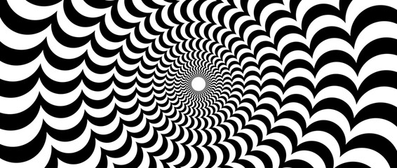 Radial optical illusion background. Black and white abstract semi circles surface. Poster, banner, template design. Spinning and rotating arc spiral illusion wallpaper. Vector horizontal illustration