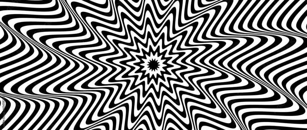 Poster radial optical illusion background. black and white abstract wave lines surface. poster design. conc