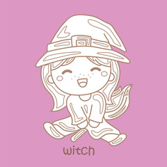 Alphabet W For Witch Vocabulary Reading School Lesson Cartoon Digital Stamp Outline