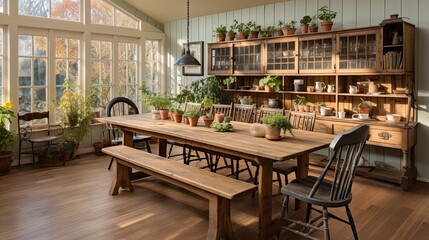 Farmhouse Dining Room: Rustic Table & Vintage Chairs Generative AI