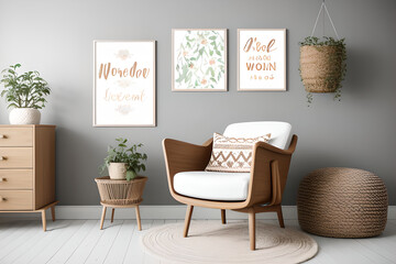 Stylish scandinavian newborn baby room boho style with armchair, brown wooden mock up poster frame