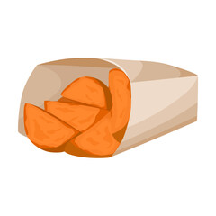 Fried potato pieces in paper bag vector illustration. Cartoon drawing of takeaway lunch isolated on white background. Fast food concept