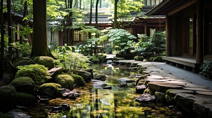 Fototapeta na wymiar Japanese Zen Garden: Tranquil Oasis of Bamboo & Stone Generative AI