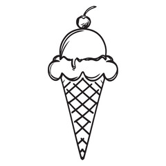 Hand drawn ice cream in a waffle cup. Tasty ice cream with cone. Line icon vector