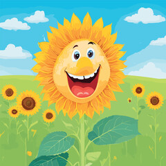 illustrated A cheerful sunflower in a field of flowers.