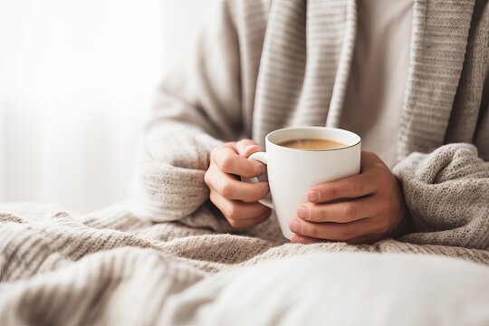 Men's hands with a mug of invigorating coffee in bed. The man is sitting on a blanket. Comfort and soft awakening with a fragrant drink. A delicious start to a productive day.