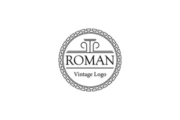 Roman pillars logo with vintage classic border motif circle frame
