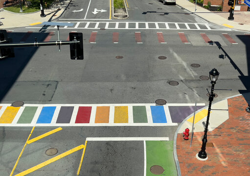 Rainbow Overhead Crosswalk in City street Gay Pride Celebration 
