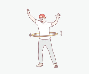 A youngman doing exercise with a hula-hoop. Fitness woman. Hand drawn style vector design illustrations.