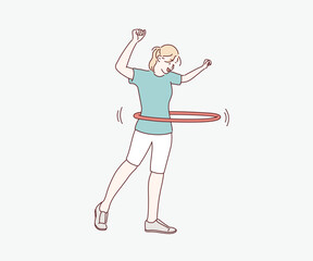 A young woman doing exercise with a hula-hoop. Fitness woman. Hand drawn style vector design illustrations.