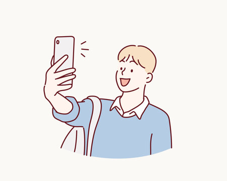 Happy man beaming smile making selfie. Hand drawn style vector design illustrations.