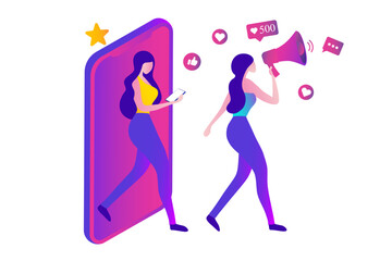 People shouting in loud speaker with social media icons. Influencer social media marketing, blogger, vlogging, social influencer and influencer marketing concept vector illustration