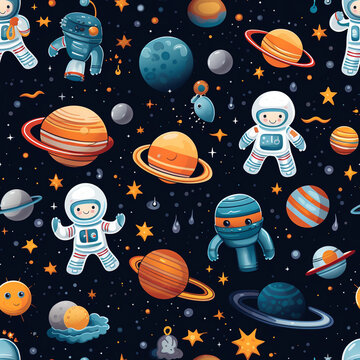 Kids seamless pattern star space astronaut and rockets on black background patterns with characters