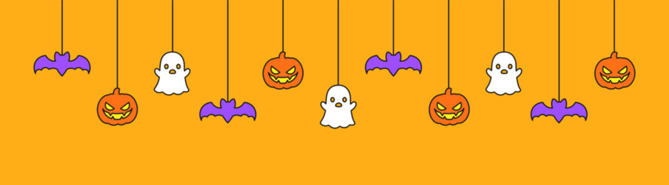 Happy Halloween banner or border with bats, ghost and jack o lantern pumpkins. Hanging Spooky Ornaments Decoration Vector illustration, trick or treat party invitation