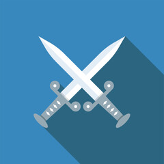 Crossed swords flat icon with long shadow. Simple History icon pictogram vector illustration.  Ancient, civilization, fight, battle, combat, war, history concept. Logo design