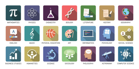 Vector set of school subjects icons flat style with long shadow. Mathematics, Physics, Chemistry, Biology, Literature, History, Geography, Music, Physical Education vector illustration. Logo design