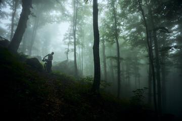 Man pushes a bicycle along a forest path