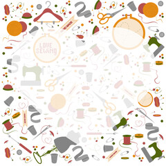 Frame with sewing accessories. Vector template with drawn colorful illustrations of sewing tools and supplies. Poster, banner for a sewing shop or studio.