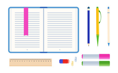 Notebook and writing tools for lesson vector illustrations set. Collection of drawings of classroom tools, textbook, pencil, pens, eraser, ruler, marker. Stationery, back to school, education concept