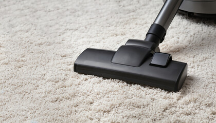 Removing dirt from white carpet with modern vacuum cleaner. Space for text