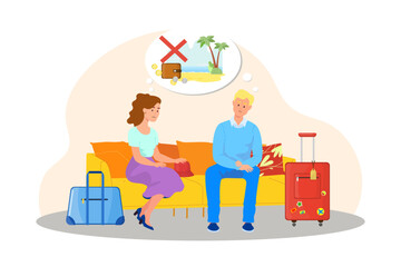 Couple at home with no money for traveling vector illustration. Cartoon drawing of sad man and woman sitting on sofa thinking of vacation, financial crisis. Traveling, tourism, inflation concept