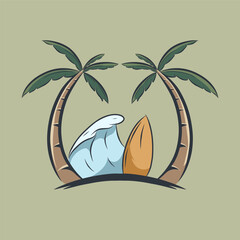 Illustration of tropical island with coconut trees and waves and surfboard